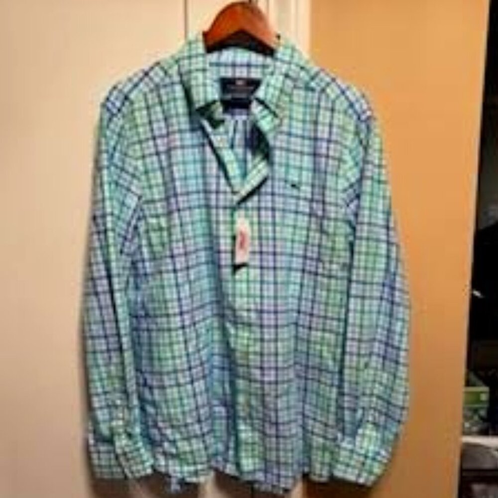 Vinyard Vines men's gingham classic poplin Whale shirt in antigua green